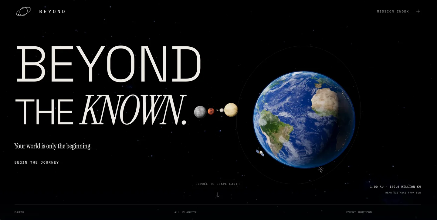 BEYOND · kosmosa tēmas mājaslapas dizaina piemērs